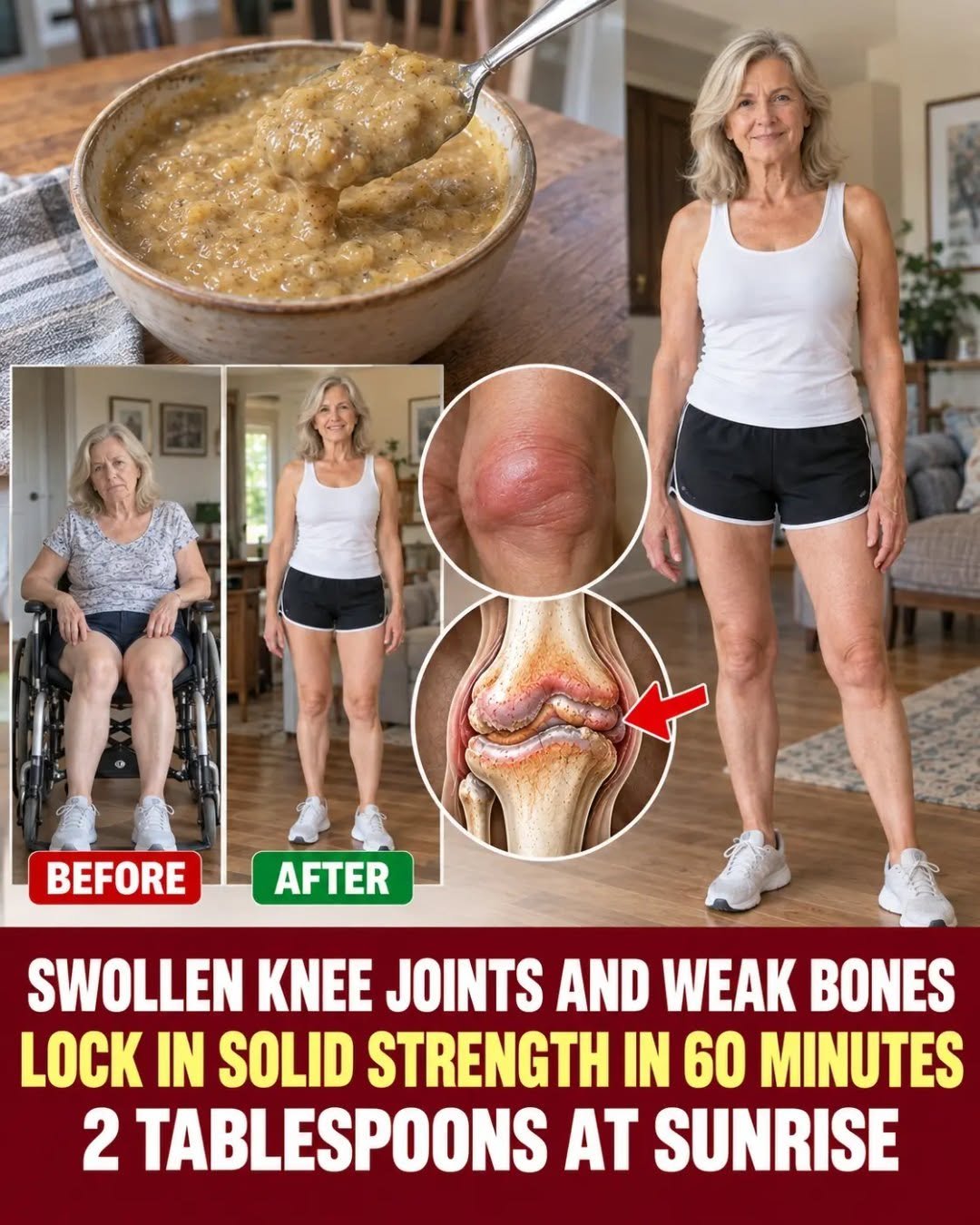 Two tablespoons at sunrise lock swollen knee joints and weak bones into solid strength in 60 minutes.