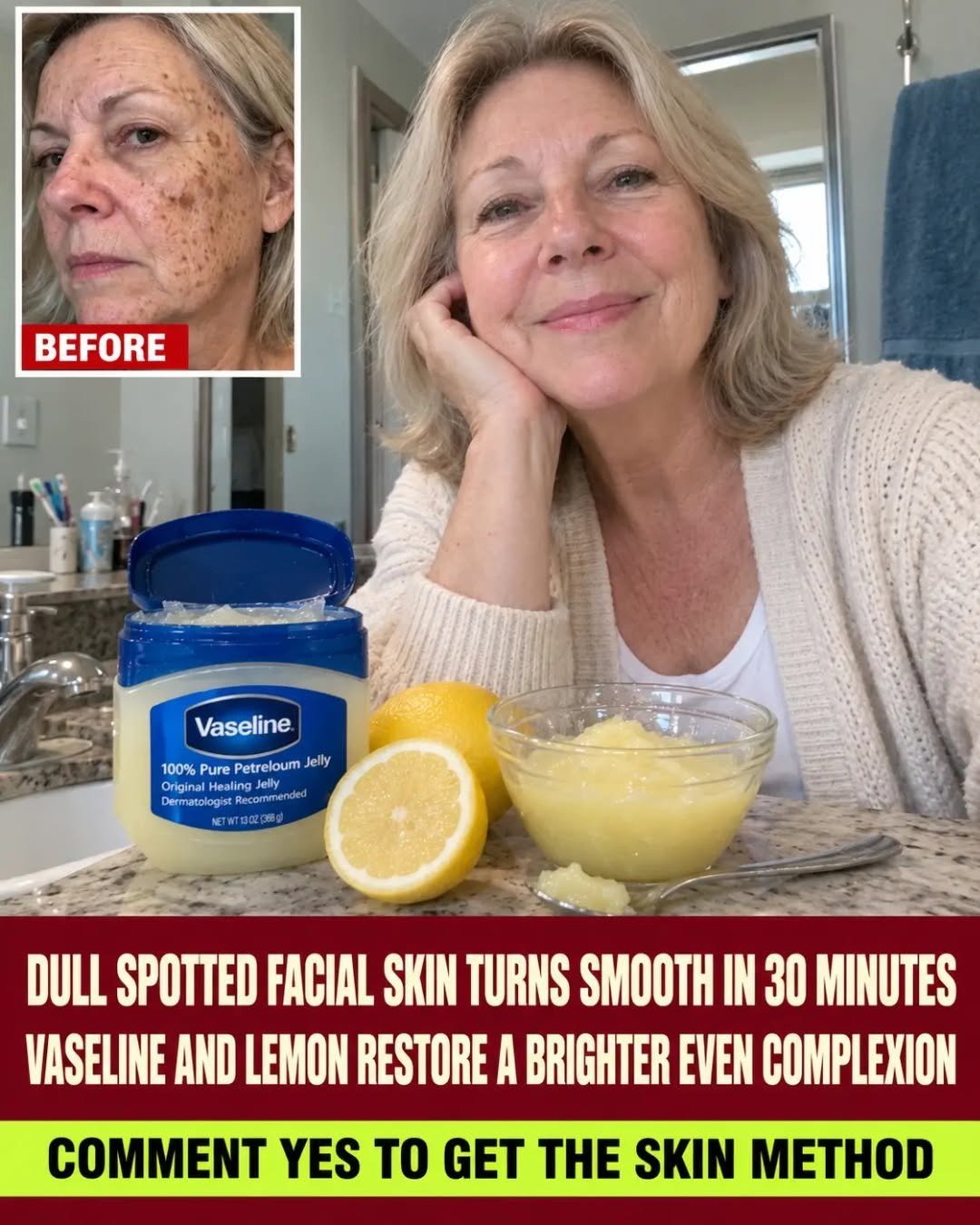 Slather Vaseline and lemon on spotted facial skin. Dull patches even out in 30 minutes